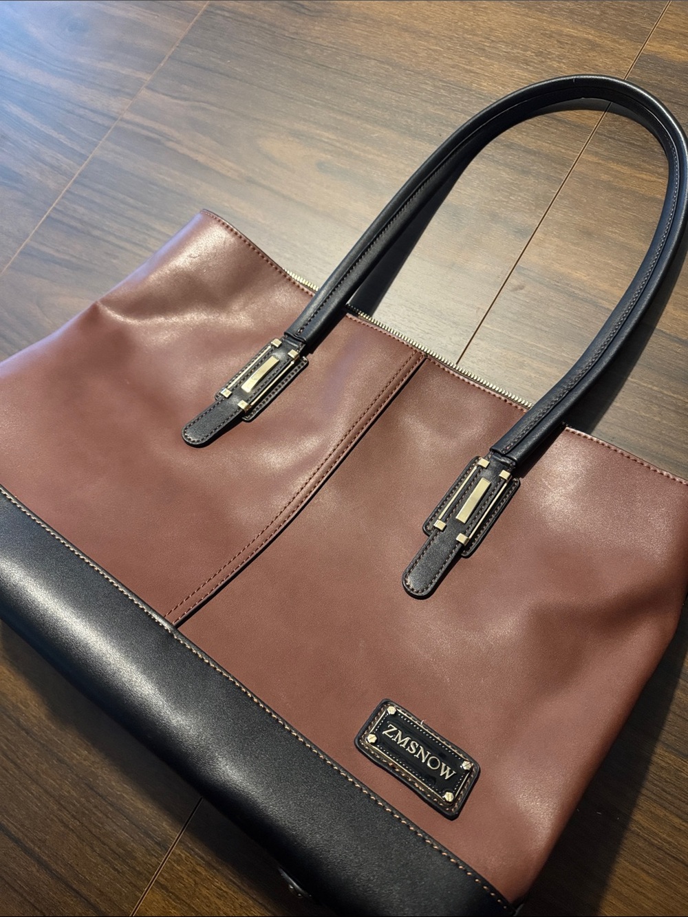 ZMSNOW Brown and Black Leather Tote Bag